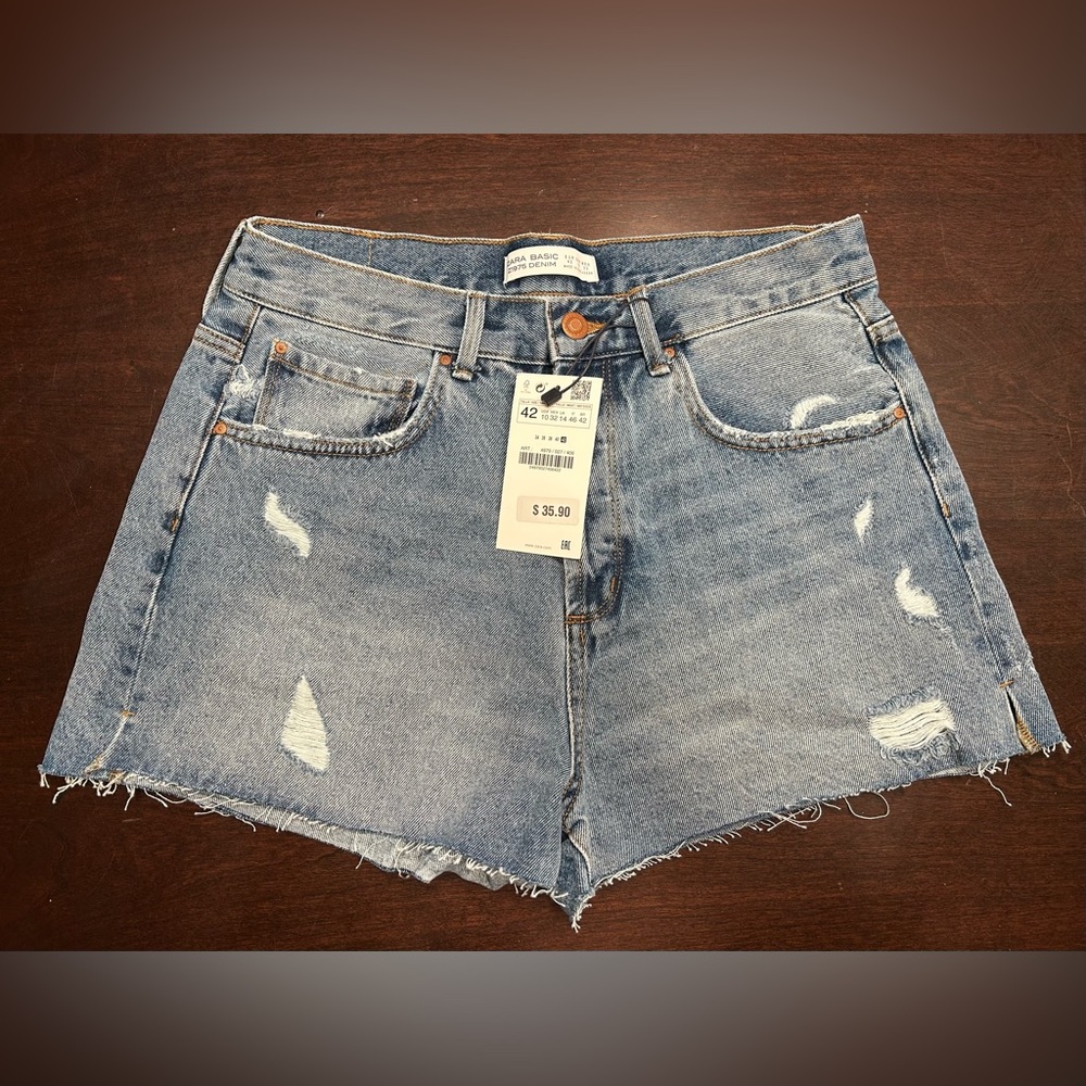 Zara Light Blue Distressed Frayed Hem Denim Shorts